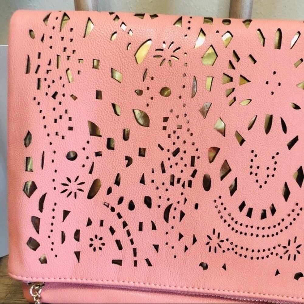 Salmon Fold Over Clutch/Crossbody Bag with Gold Laser Cutouts - Picture 6 of 9